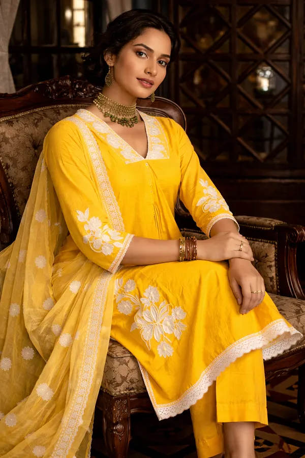 Mustard_Yellow_Cotton_Straight_Floral_Embroidered_Kurta_Set_For_Women