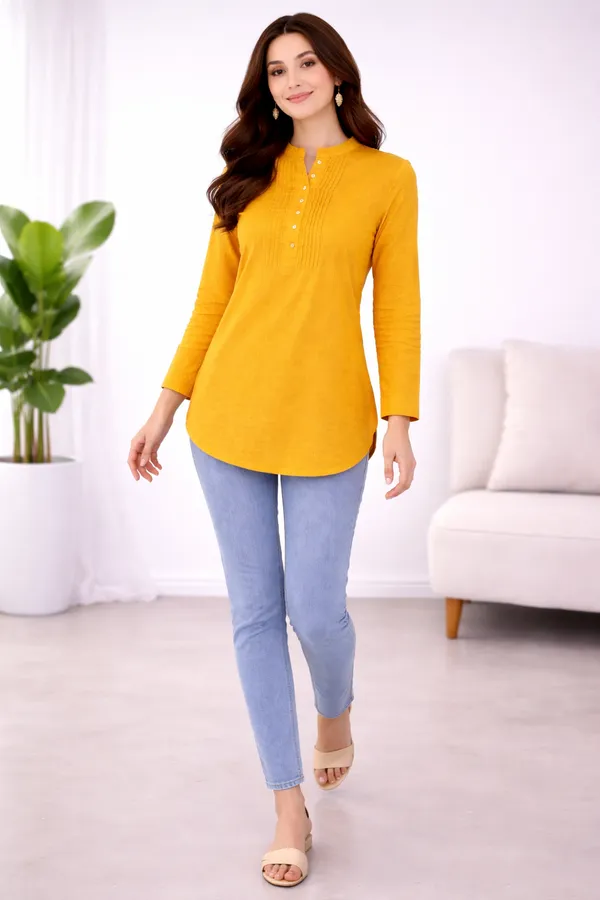 Yellow_Cotton_Longline_Solid_Tunic_For_Women