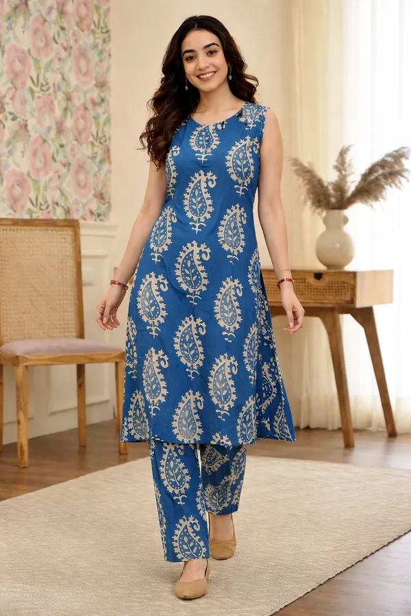 Blue_Cotton_Straight_Paisley_Print_Kurta_Set_For_Women