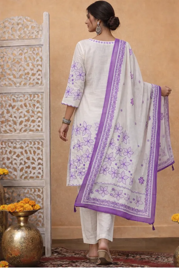 White_And_Lavender_Cotton_Straight_Floral_Embroidered_Kurta_Set_For_Women