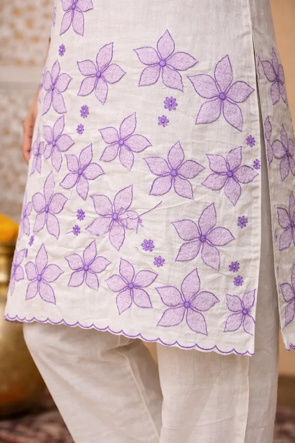 White_And_Lavender_Cotton_Straight_Floral_Embroidered_Kurta_Set_For_Women