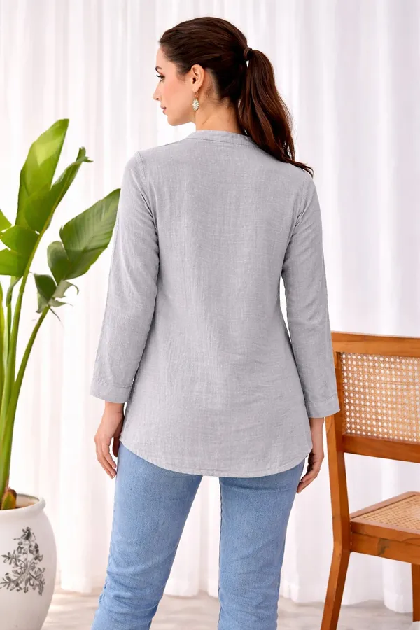 Grey_Cotton_Straight_Pintuck_Band_Collar_Kurti_For_Women
