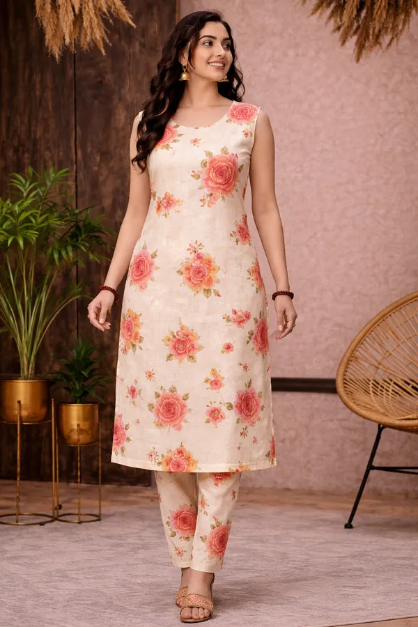 Cream_Rayon_Sleeveless_Floral_Print_Kurta_Set_For_Women