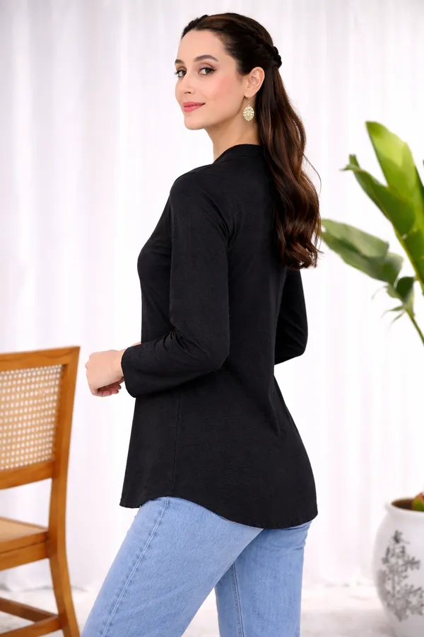 Black_Cotton_Straight_Mandarin_Collar_Pintuck_Kurta_For_Women