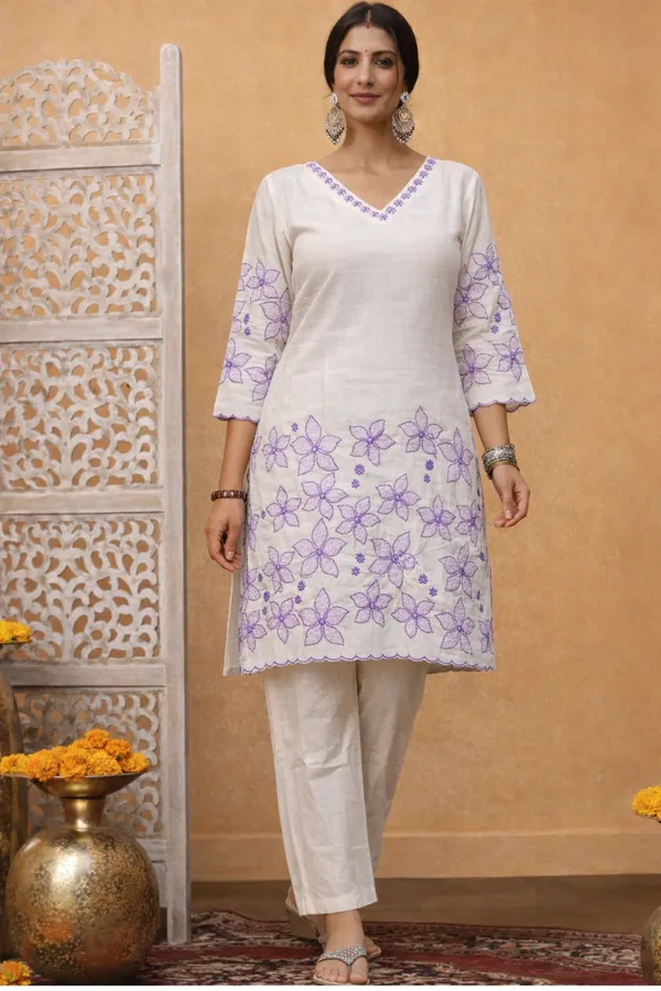 White_And_Lavender_Cotton_Straight_Floral_Embroidered_Kurta_Set_For_Women