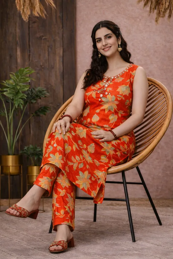 Orange_Cotton_Sleeveless_Floral_Print_Kurta_Set_For_Women