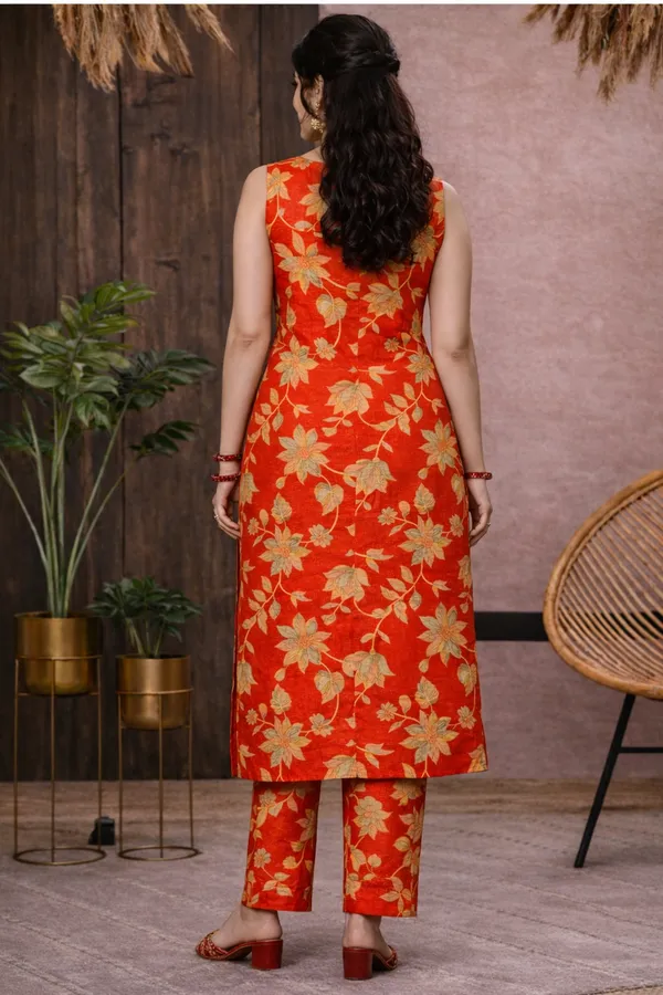 Orange_Cotton_Sleeveless_Floral_Print_Kurta_Set_For_Women