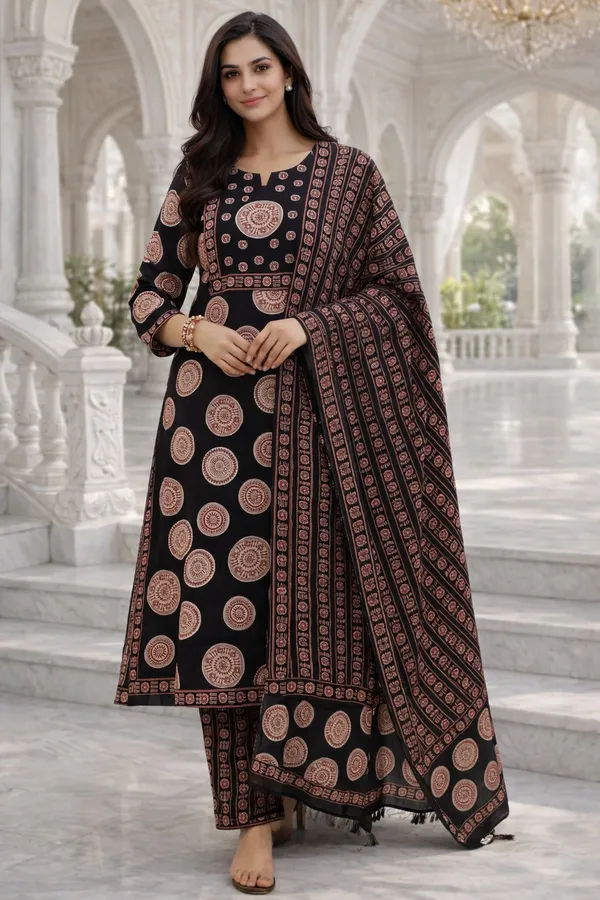 Black_Cotton_Straight_Printed_Kurta_Set_For_Women