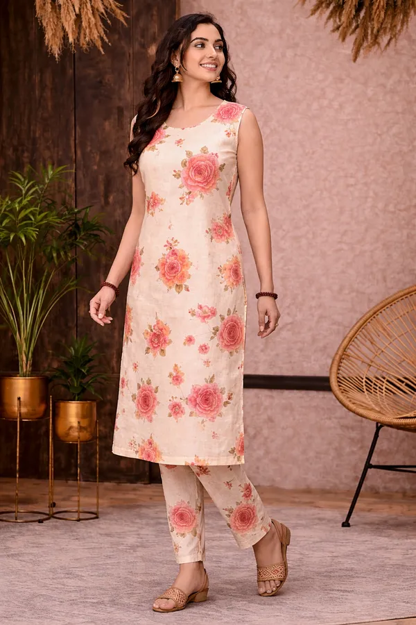 Cream_Rayon_Sleeveless_Floral_Print_Kurta_Set_For_Women