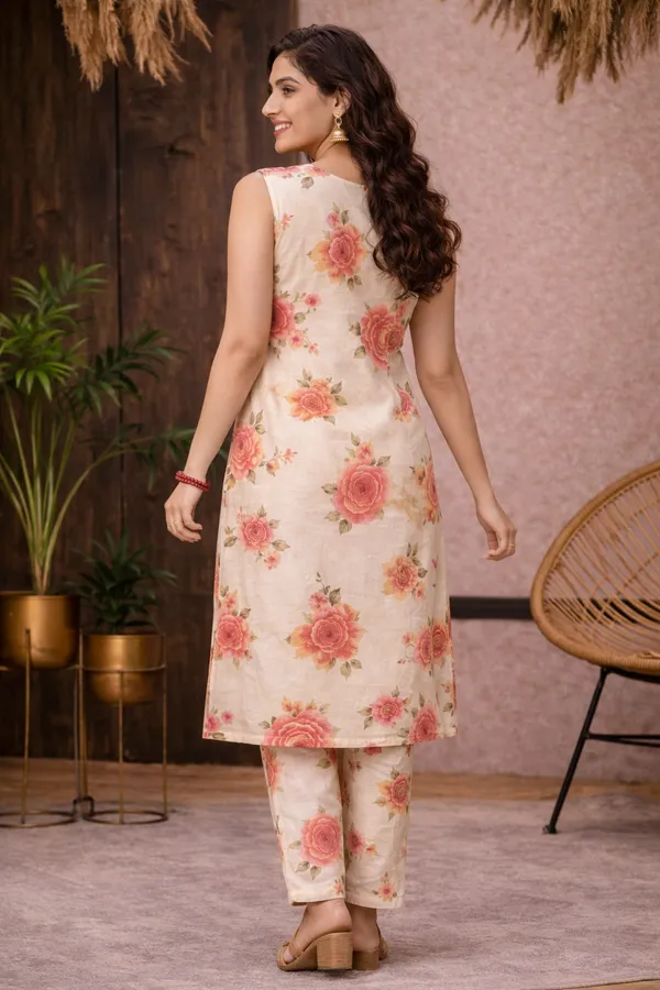 Cream_Rayon_Sleeveless_Floral_Print_Kurta_Set_For_Women