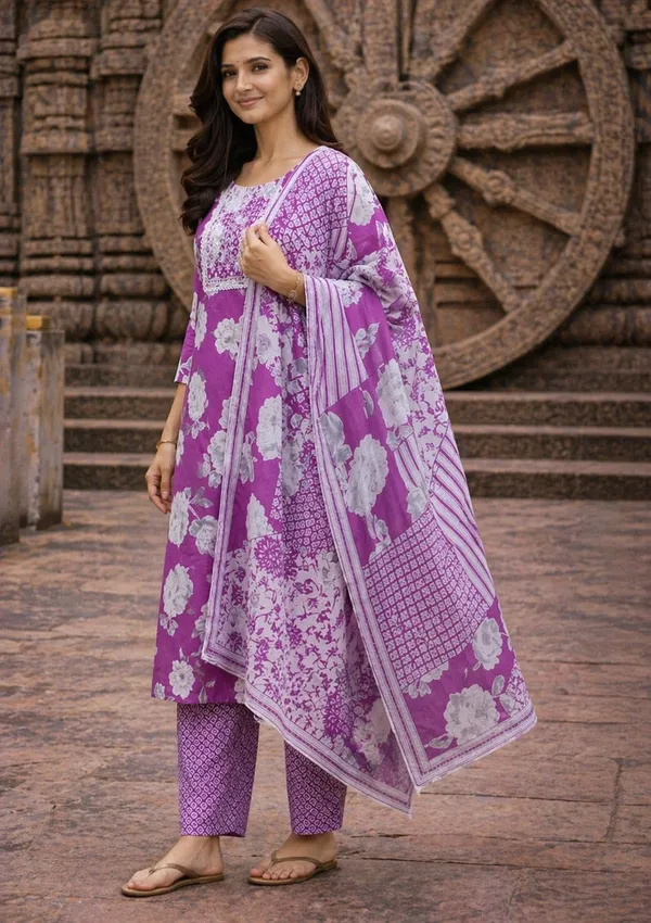 Lavender_Cotton_Straight_Floral_Print_Kurta_Set_For_Women