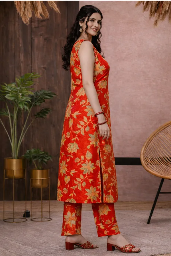Orange_Cotton_Sleeveless_Floral_Print_Kurta_Set_For_Women