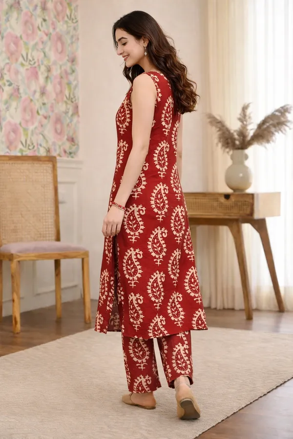 Red_Cotton_Straight_Paisley_Print_Kurta_Set_For_Women