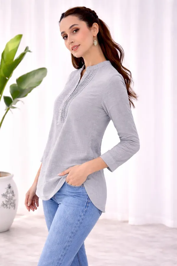 Grey_Cotton_Straight_Pintuck_Band_Collar_Kurti_For_Women