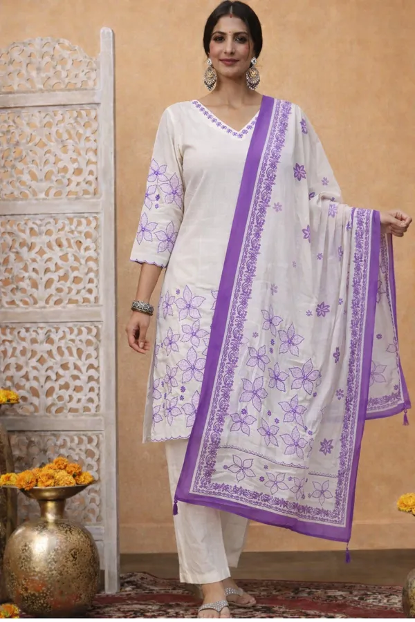 White_And_Lavender_Cotton_Straight_Floral_Embroidered_Kurta_Set_For_Women
