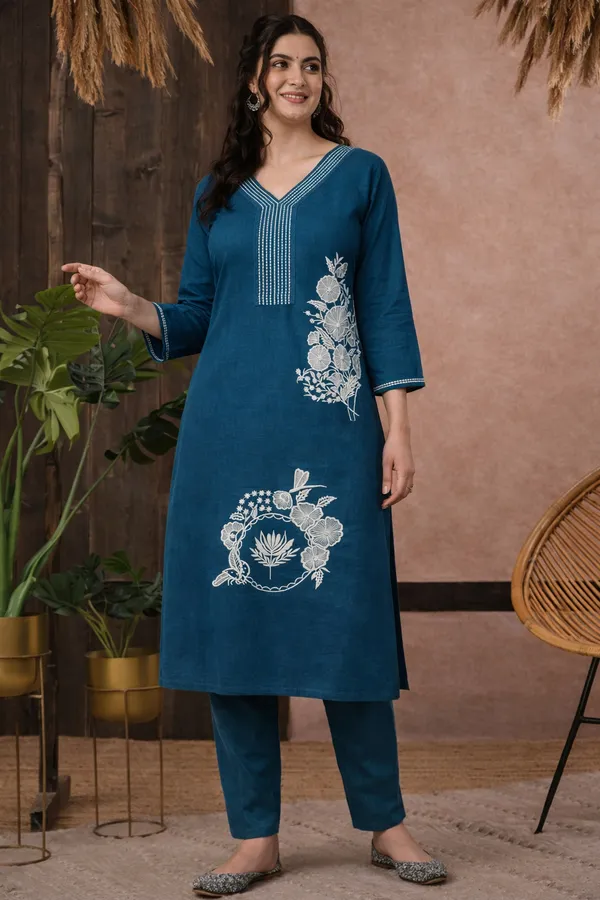 Teal_Blue_Rayon_Straight_Embroidered_Kurta_Set_For_Women