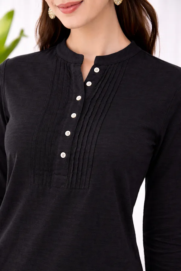 Black_Cotton_Straight_Mandarin_Collar_Pintuck_Kurta_For_Women
