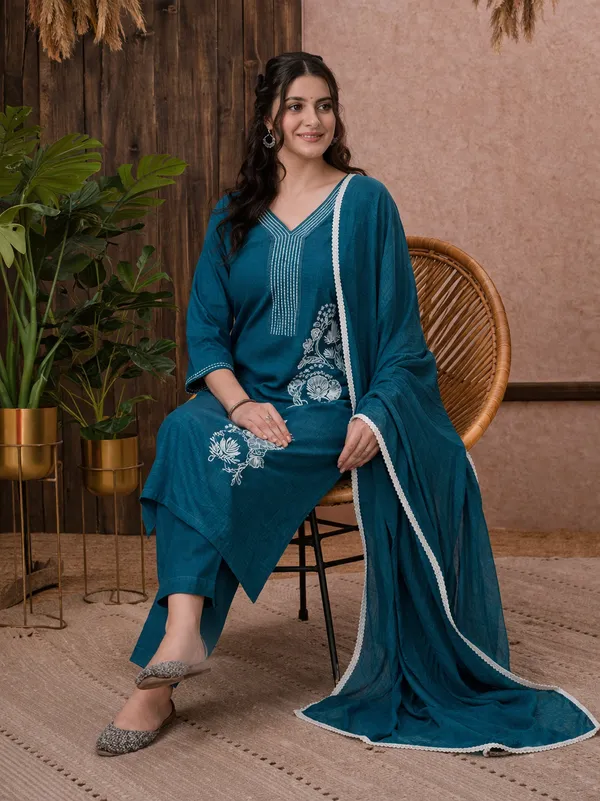 Teal_Blue_Rayon_Straight_Embroidered_Kurta_Set_For_Women