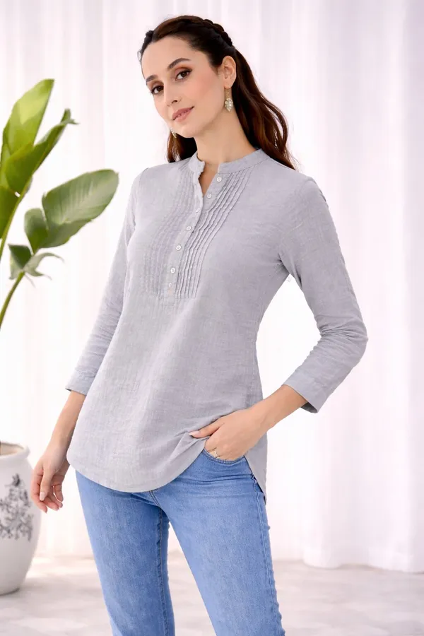 Grey_Cotton_Straight_Pintuck_Band_Collar_Kurti_For_Women