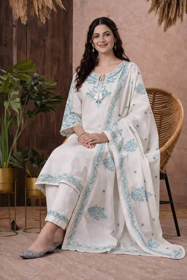 White_And_Blue_Cotton_Straight_Embroidered_Kurta_Set_For_Women