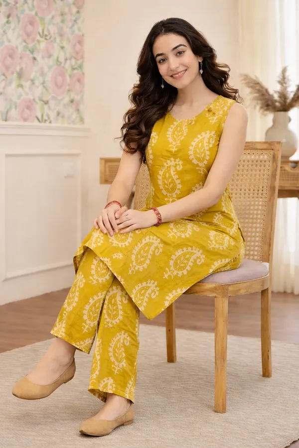Mustard_Yellow_Cotton_Straight_Printed_Kurta_Set_For_Women
