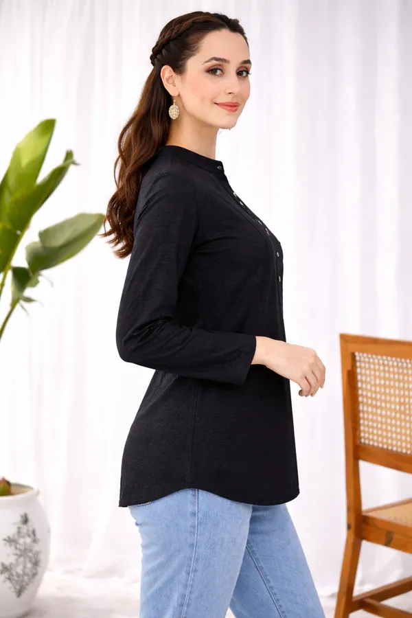Black_Cotton_Straight_Mandarin_Collar_Pintuck_Kurta_For_Women