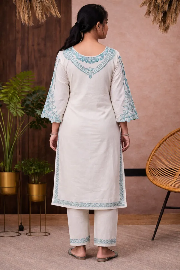 White_And_Blue_Cotton_Straight_Embroidered_Kurta_Set_For_Women