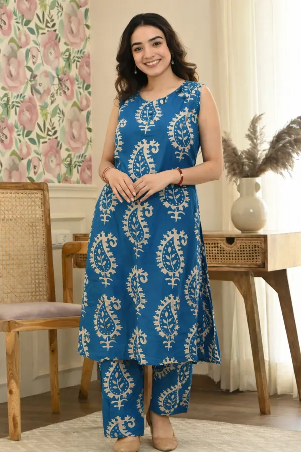 Blue_Cotton_Straight_Paisley_Print_Kurta_Set_For_Women
