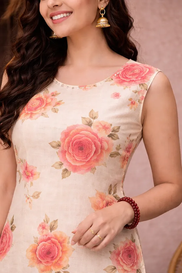 Cream_Rayon_Sleeveless_Floral_Print_Kurta_Set_For_Women