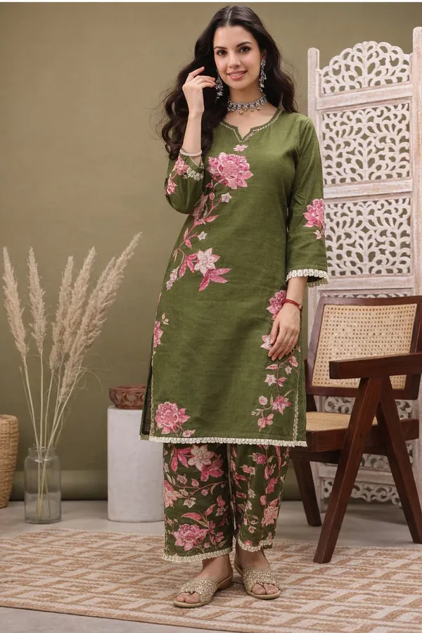 Olive_Cotton_Straight_Floral_Print_Kurta_Set_For_Women