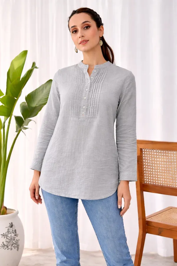 Grey_Cotton_Straight_Pintuck_Band_Collar_Kurti_For_Women