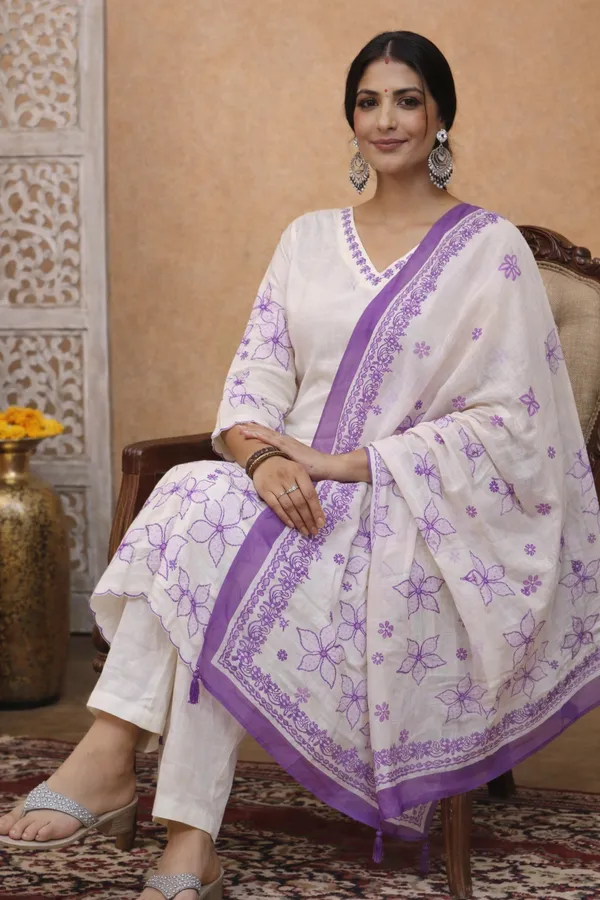 White_And_Lavender_Cotton_Straight_Floral_Embroidered_Kurta_Set_For_Women