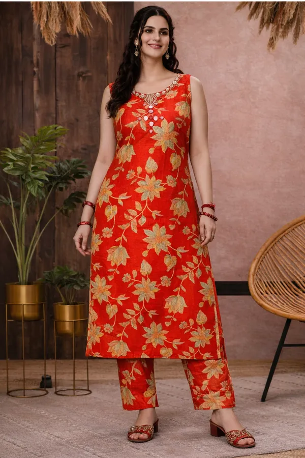 Orange_Cotton_Sleeveless_Floral_Print_Kurta_Set_For_Women