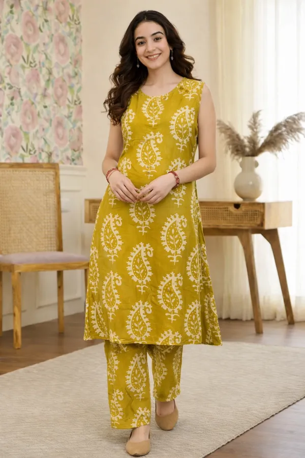 Mustard_Yellow_Cotton_Straight_Printed_Kurta_Set_For_Women