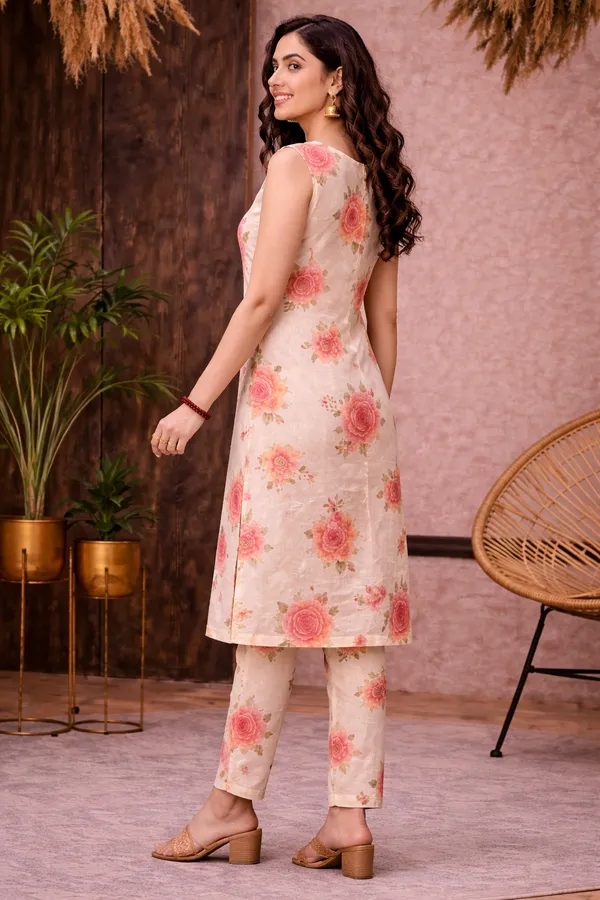 Cream_Rayon_Sleeveless_Floral_Print_Kurta_Set_For_Women