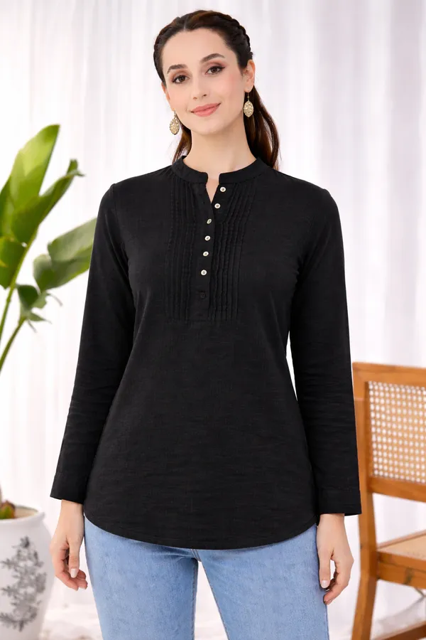 Black_Cotton_Straight_Mandarin_Collar_Pintuck_Kurta_For_Women