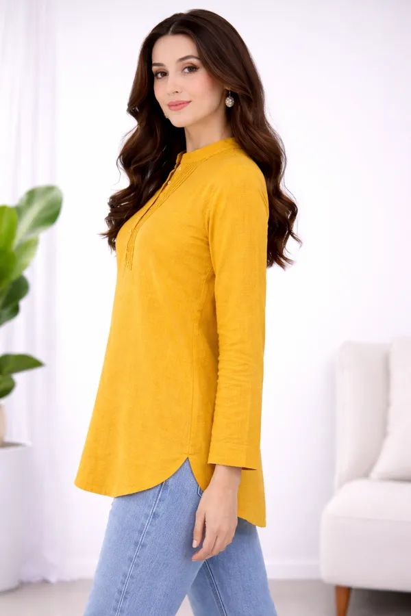 Yellow_Cotton_Longline_Solid_Tunic_For_Women