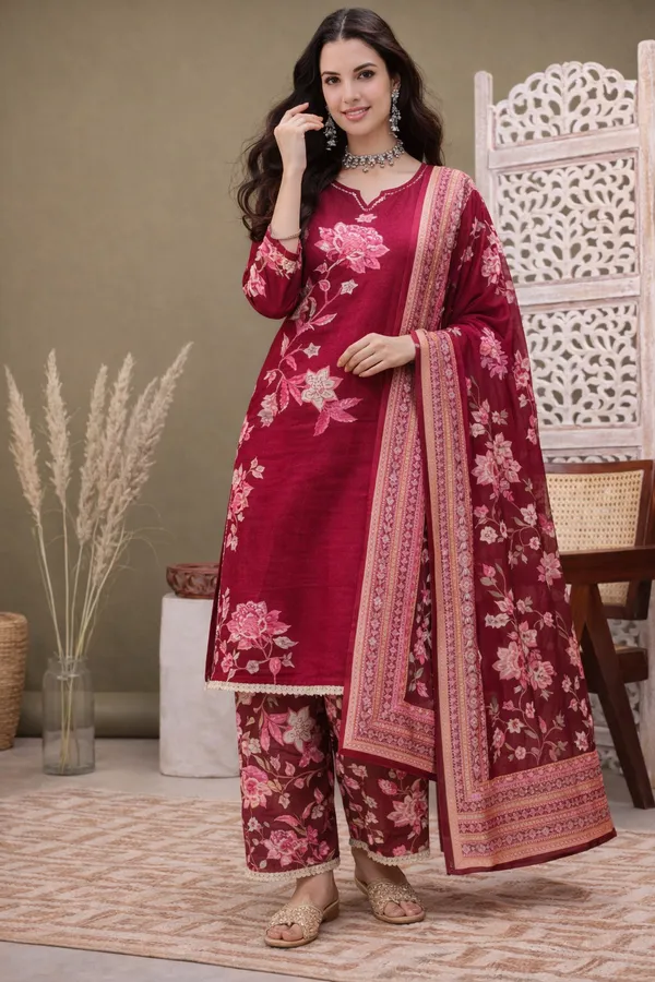 Maroon_Rayon_Straight_Floral_Print_Kurta_Set_For_Women