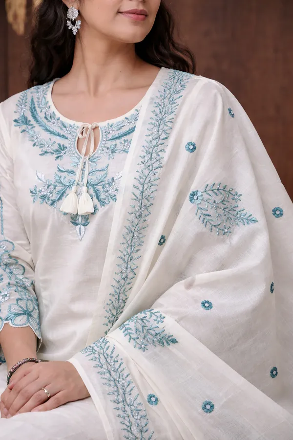 White_And_Blue_Cotton_Straight_Embroidered_Kurta_Set_For_Women