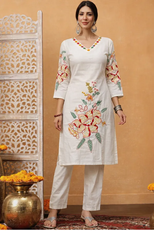 White_Cotton_Straight_Floral_Embroidered_Kurta_Set_For_Women