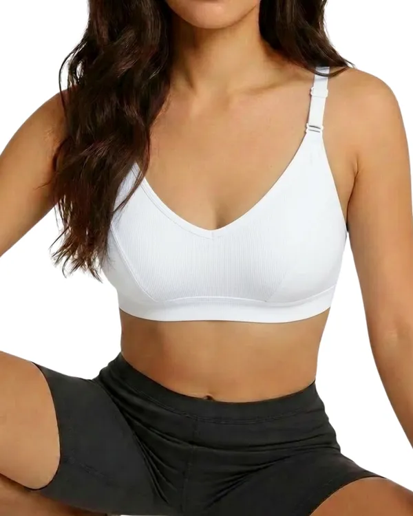 White_Ribbed_Wire-Free_Seamless_Bra_For_Women