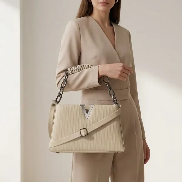 Cream_Pleated_V_Logo_Structured_Handbag_With_Chain_Handle