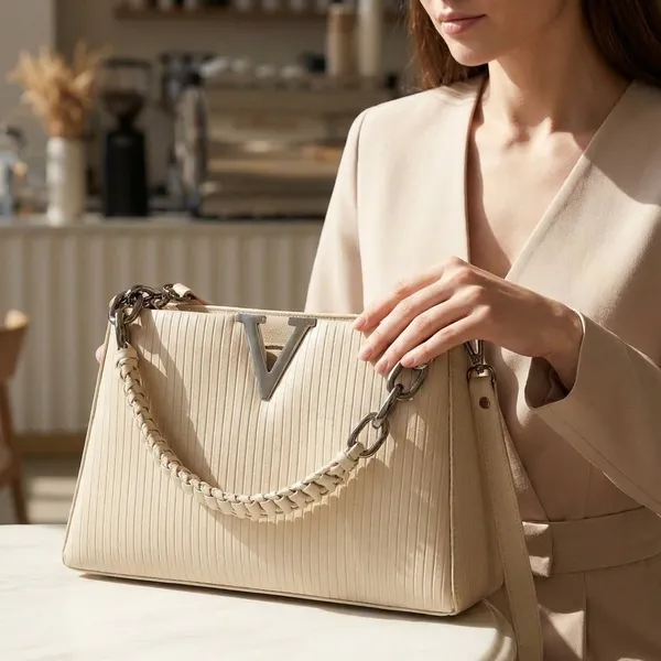 Cream_Pleated_V_Logo_Structured_Handbag_With_Chain_Handle