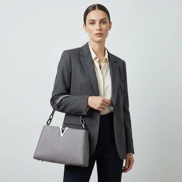 Grey_Textured_V_Logo_Shoulder_Handbag_With_Chain_Detail
