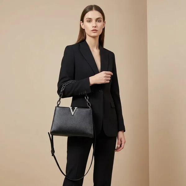 Stylish_Women's_Handbag_With_Chain_Handle_And_V_Logo_Black
