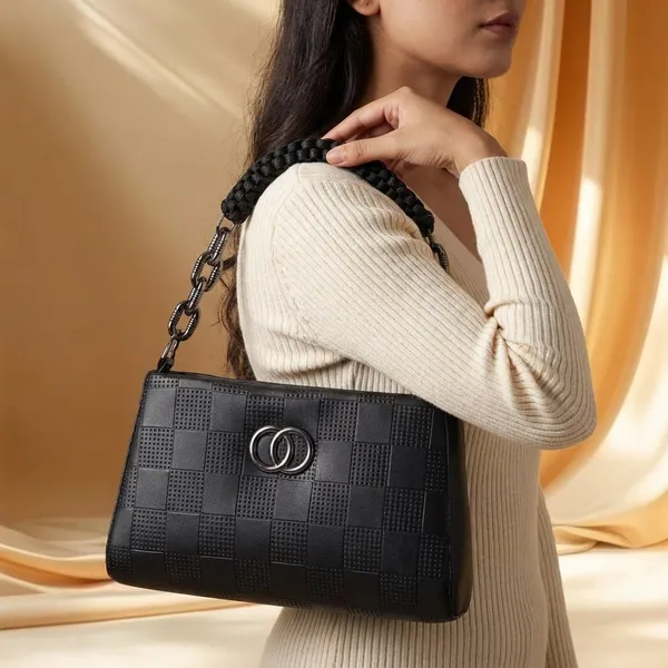 Black_Textured_Handbag_With_Braided_Handle_And_Chain_Strap