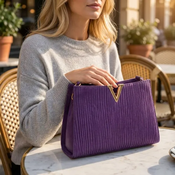 Premium_Purple_Pleated_Crossbody_Handbag_With_Gold_V_Accent