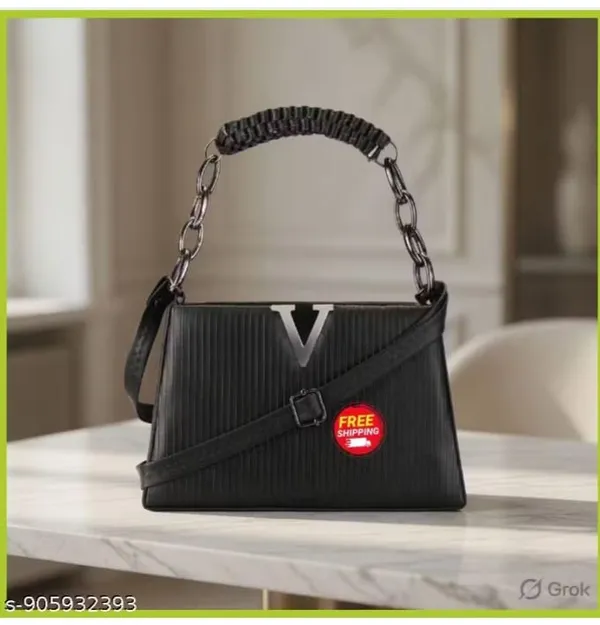 Stylish_Women's_Handbag_With_Chain_Handle_And_V_Logo_Black