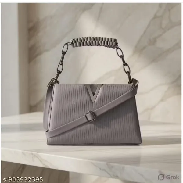 Grey_Textured_V_Logo_Shoulder_Handbag_With_Chain_Detail
