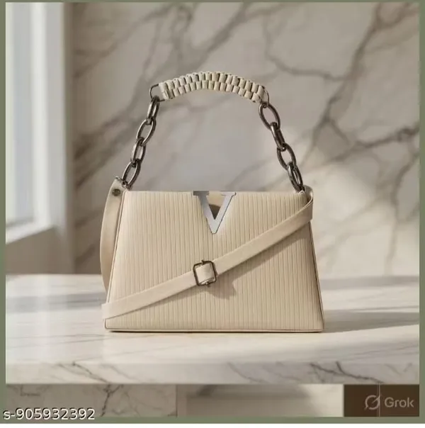 Cream_Pleated_V_Logo_Structured_Handbag_With_Chain_Handle